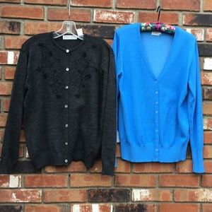 Two Cardigan Sweaters: a turquoise and a grey